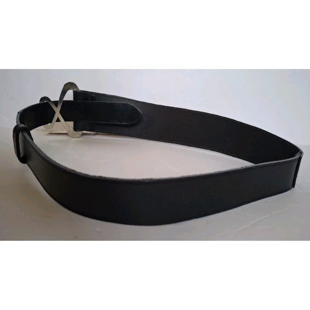 Vtg Avignon Leather Wide Statement Belt Large Black Silver Buckle USA Made Y2K